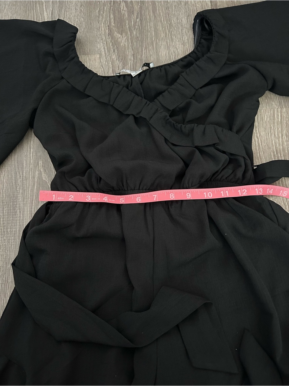 Black Ruffled Romper Dress with Self-Tie Belt - Picture 6 of 6